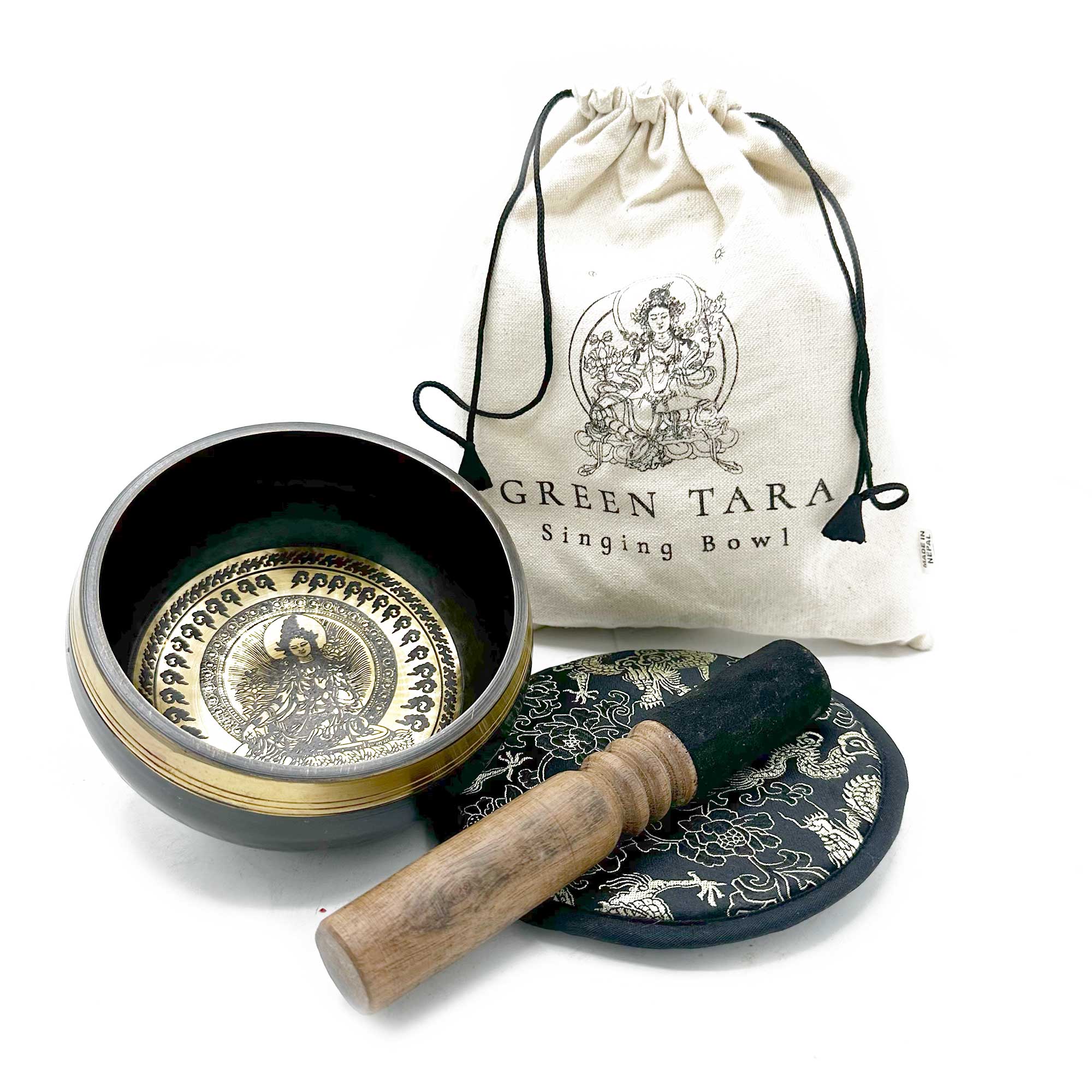 Hand Beaten & Engraved Singing Bowl Gift Set - 5.5" - Green Tara