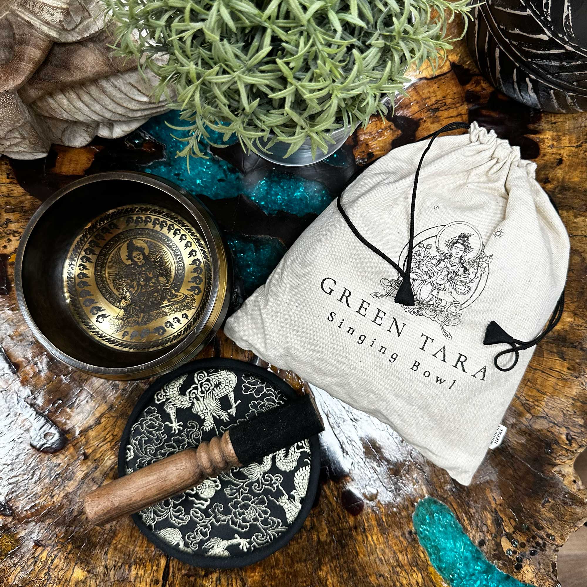 Hand Beaten & Engraved Singing Bowl Gift Set - 5.5" - Green Tara