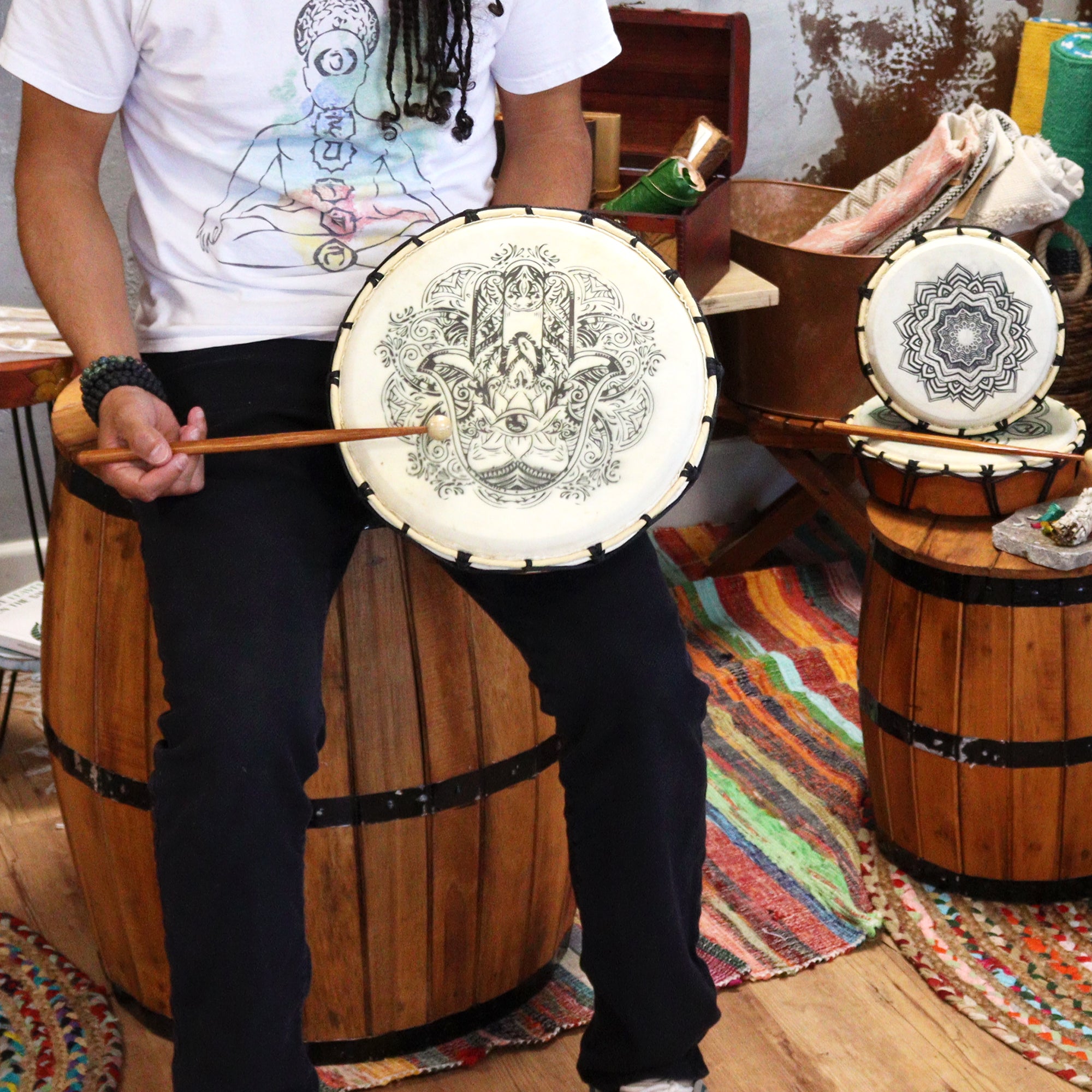 Healing Hamsa Shamanic Drum with Two Sticks - 12 "