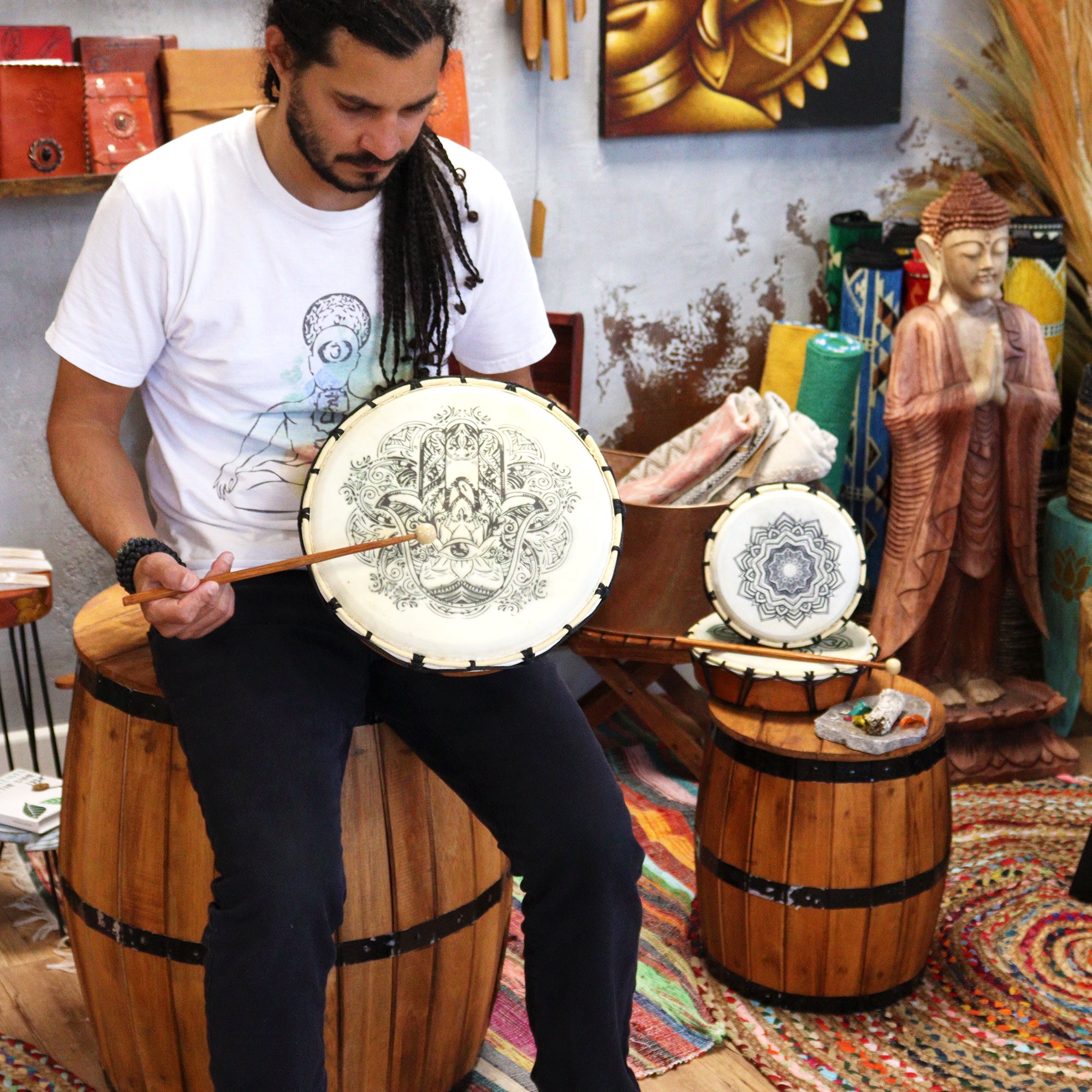 Healing Hamsa Shamanic Drum with Two Sticks - 12 "
