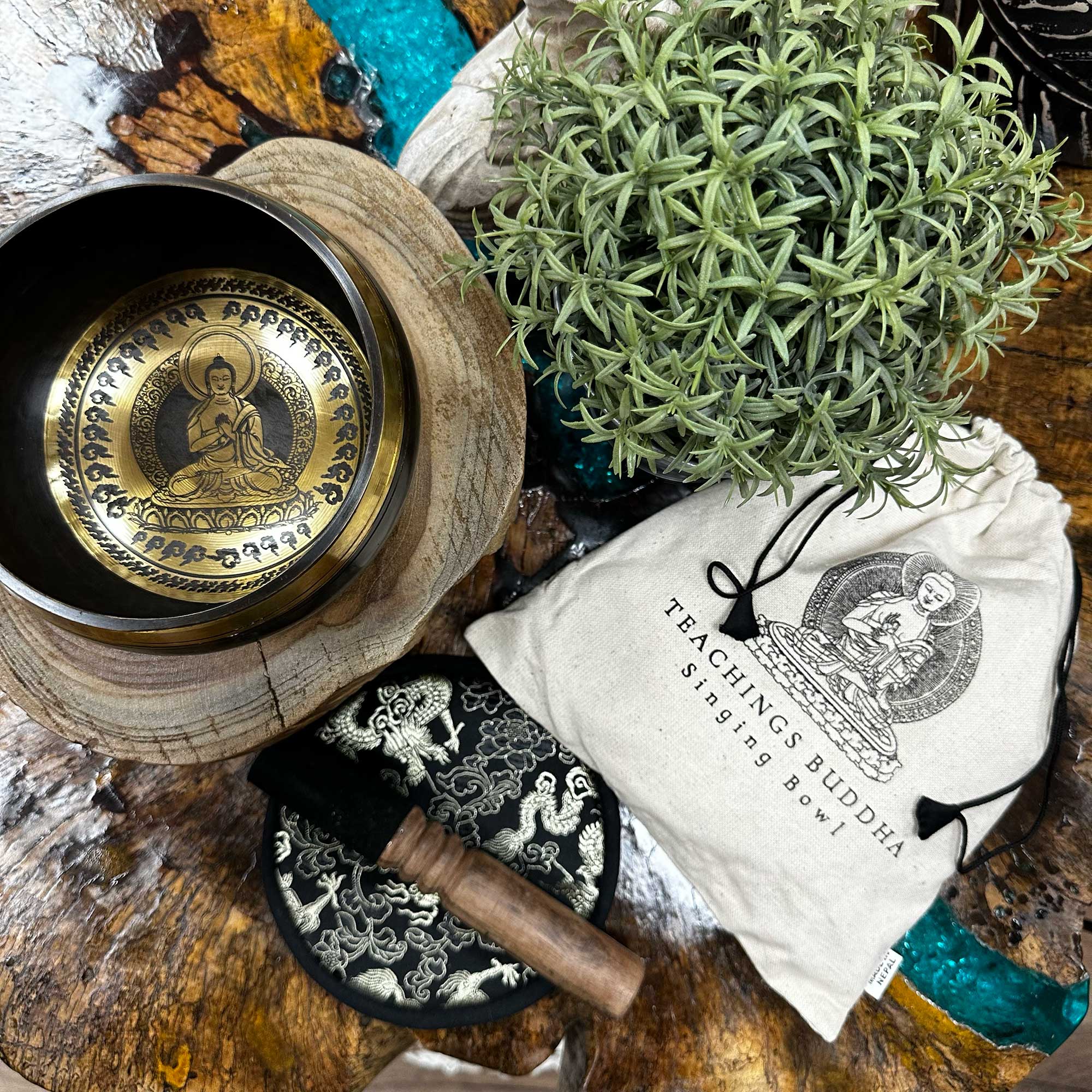 Hand Beaten & Engraved Singing Bowl Gift Set - 5.5" - Teachings Buddha