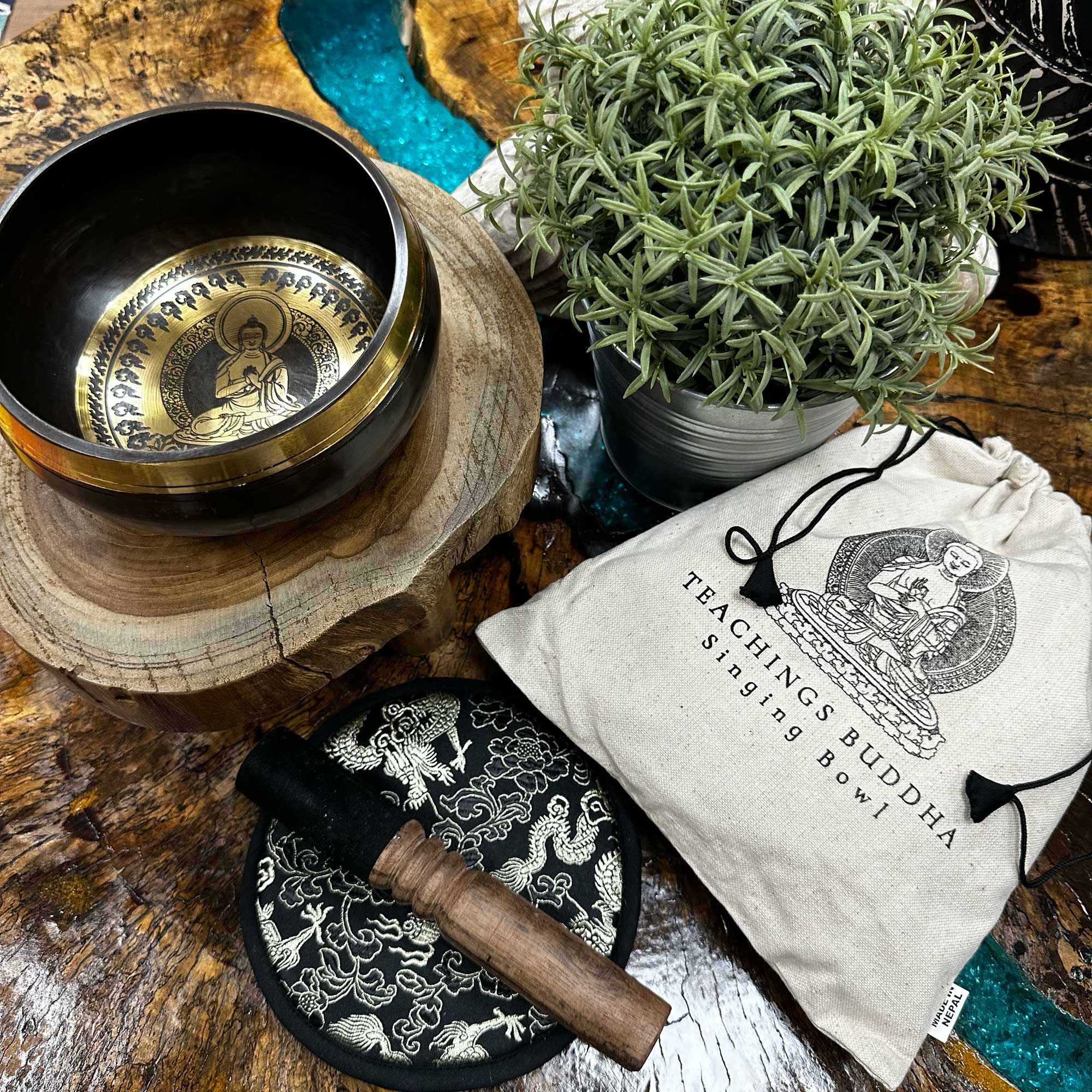 Hand Beaten & Engraved Singing Bowl Gift Set - 5.5" - Teachings Buddha
