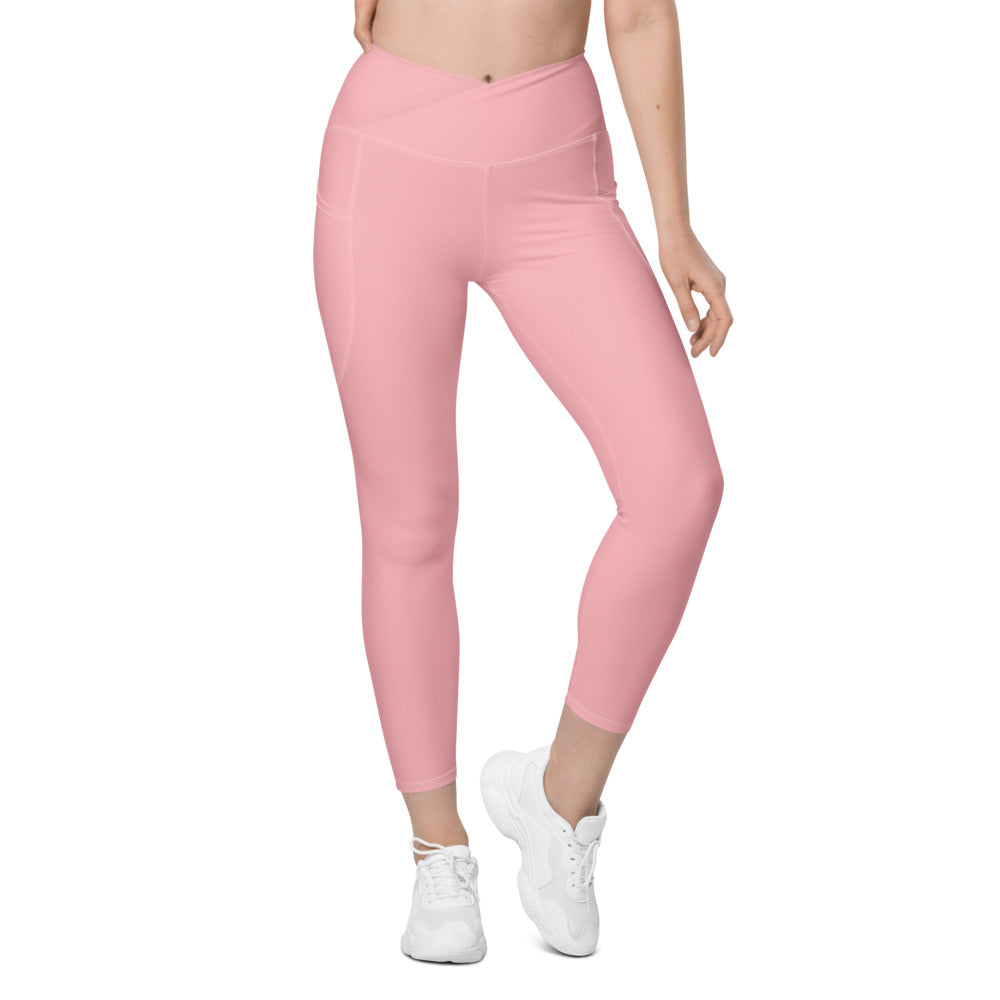 Solid Pink Crossover Waist Leggings With Pockets