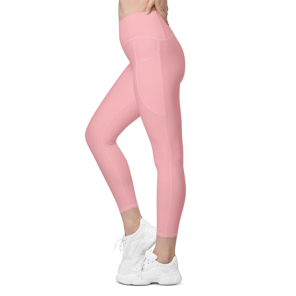 Solid Pink Crossover Waist Leggings With Pockets