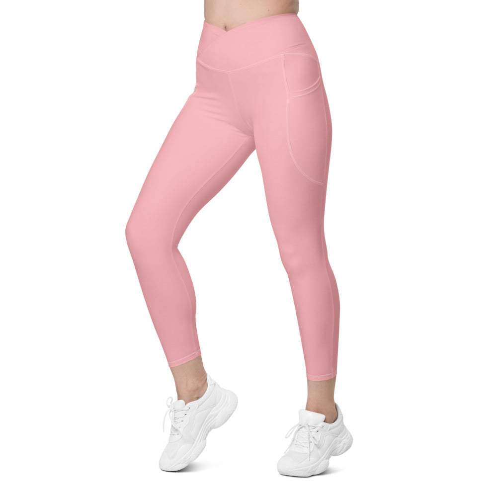 Solid Pink Crossover Waist Leggings With Pockets