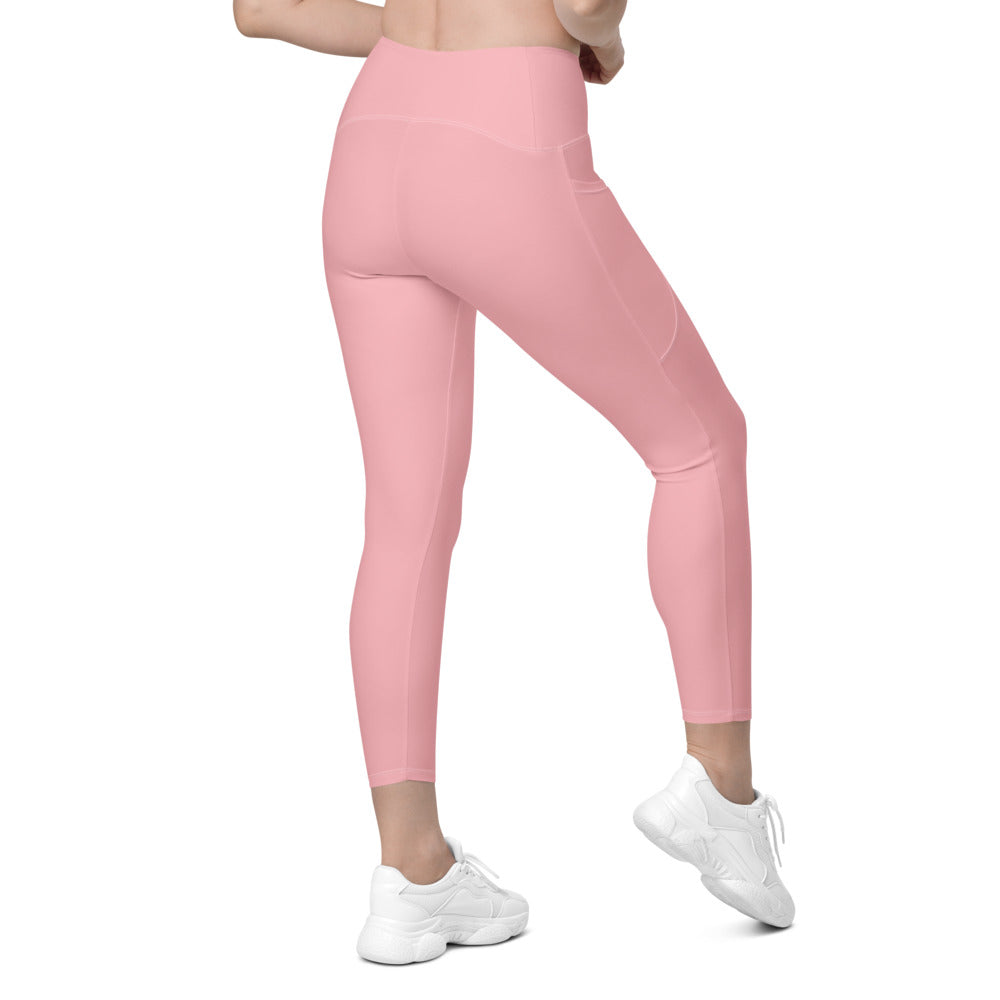 Solid Pink Crossover Waist Leggings With Pockets