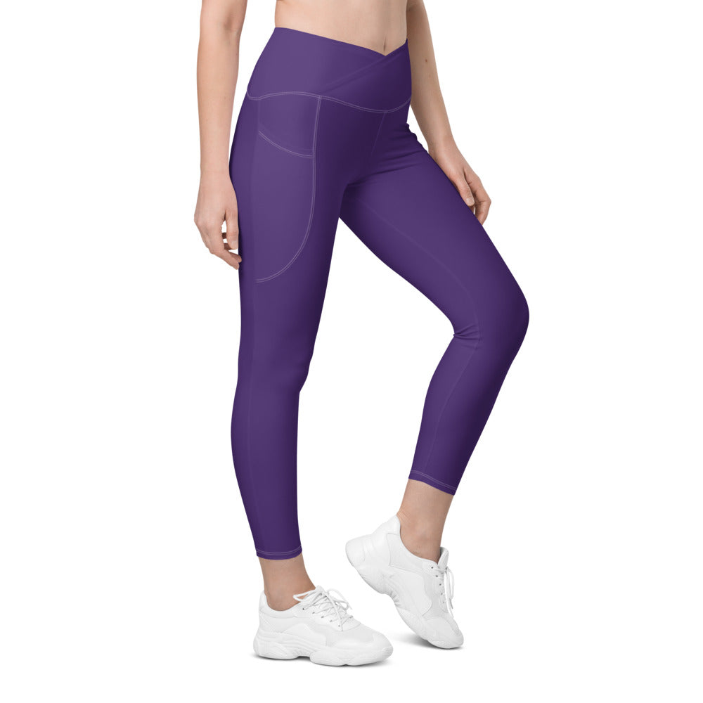 Solid Lavender Crossover Waist Leggings With Pockets