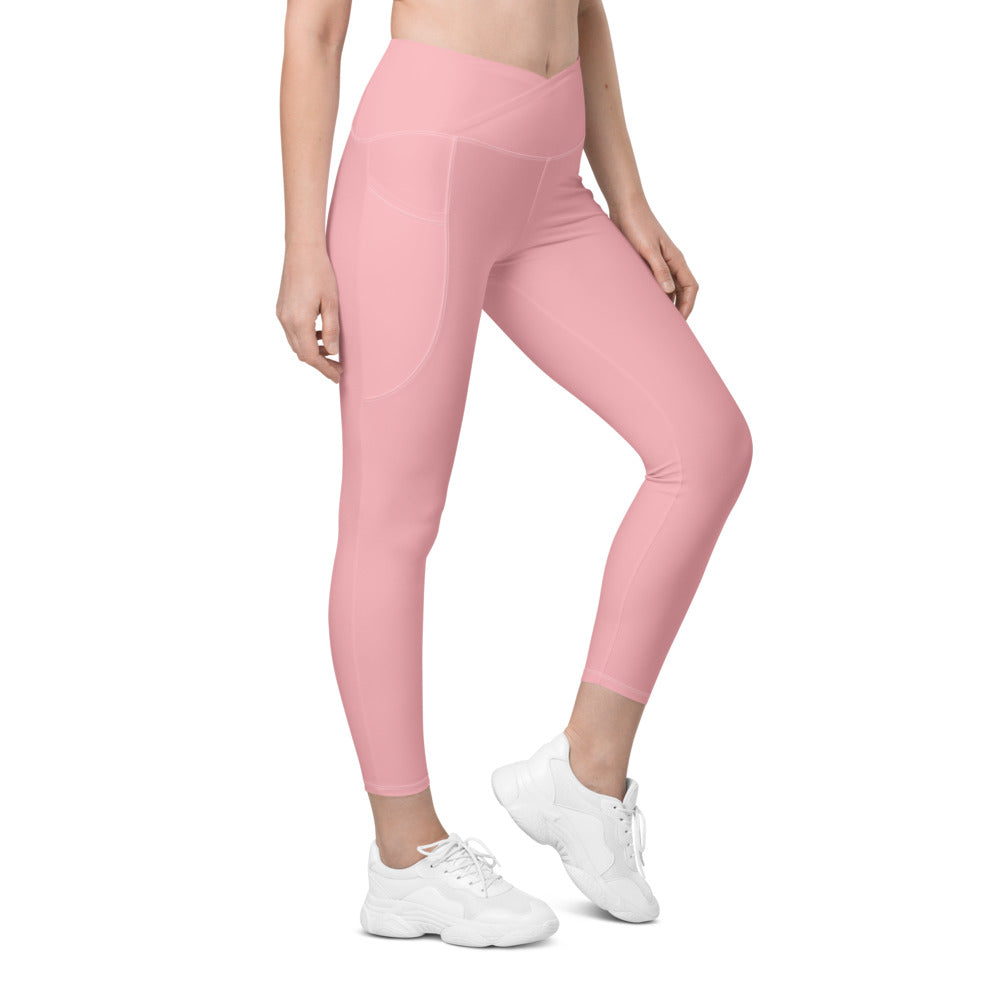Solid Pink Crossover Waist Leggings With Pockets