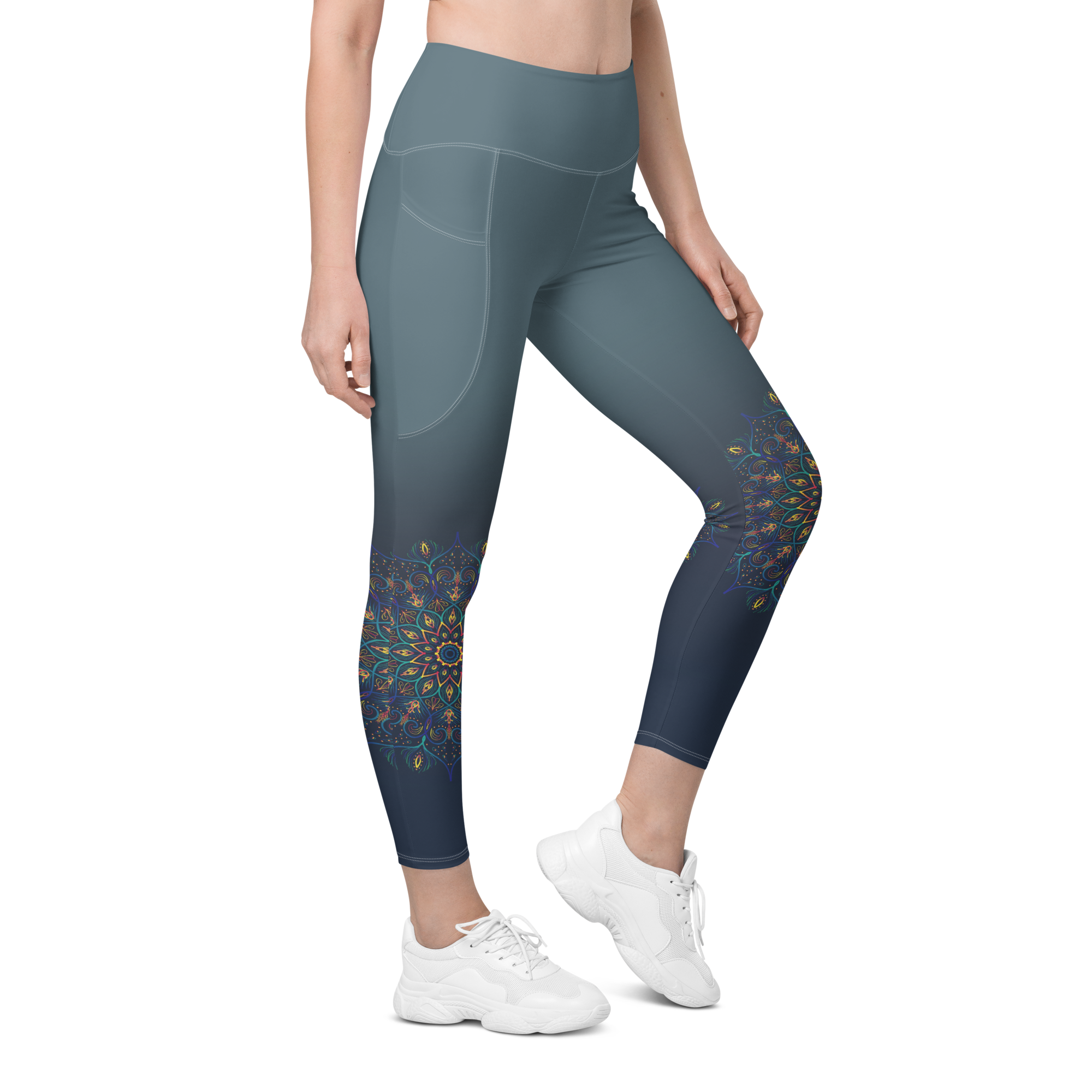 Peacock Feathers High Waist Leggings with Pockets