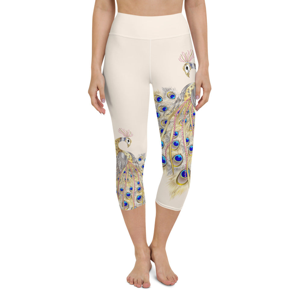 Peacock Cream High Waist Yoga Capri Leggings