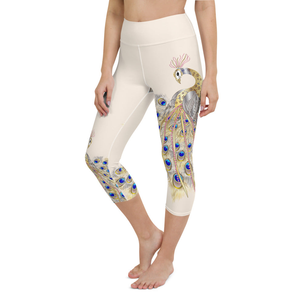 Peacock Cream High Waist Yoga Capri Leggings
