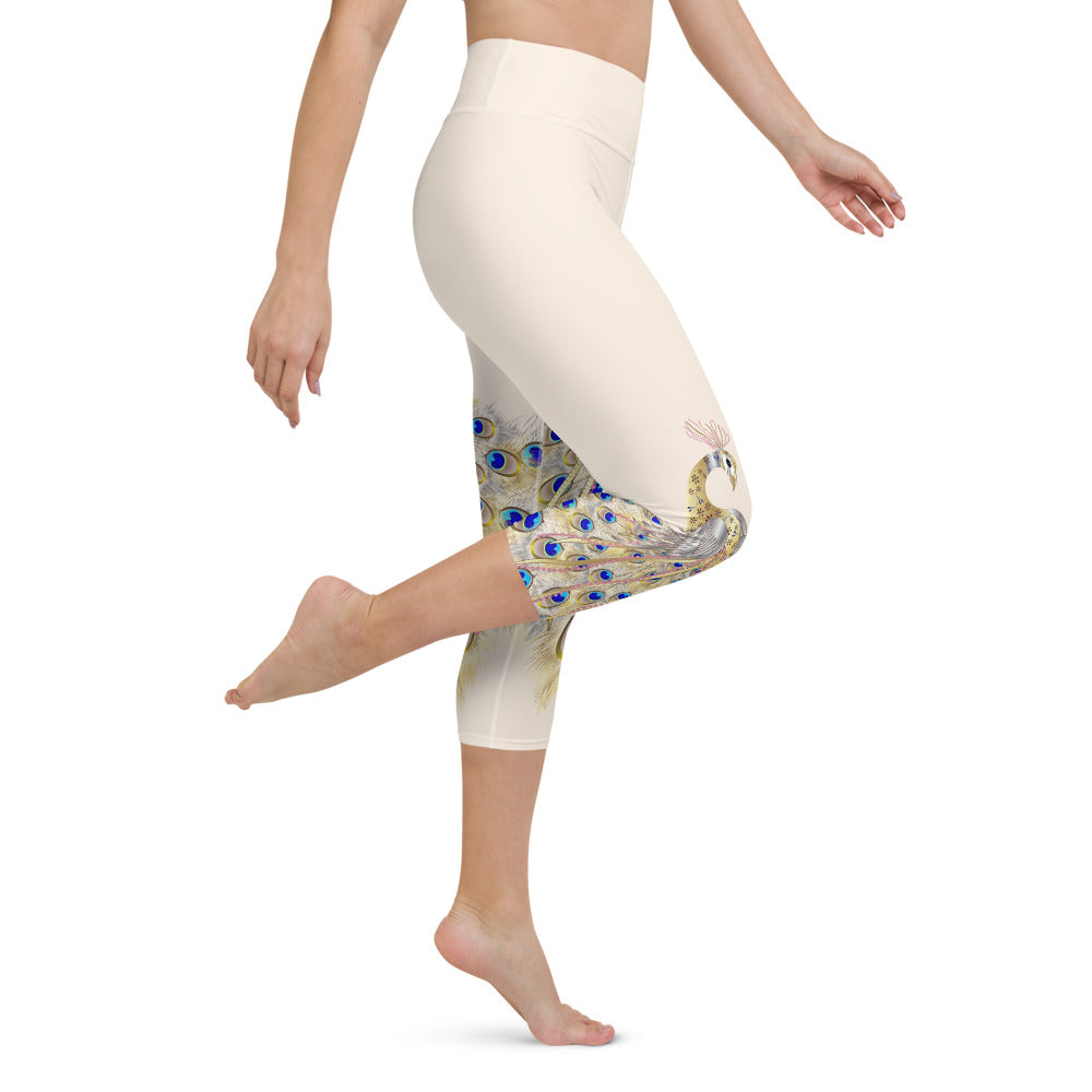 Peacock Cream High Waist Yoga Capri Leggings