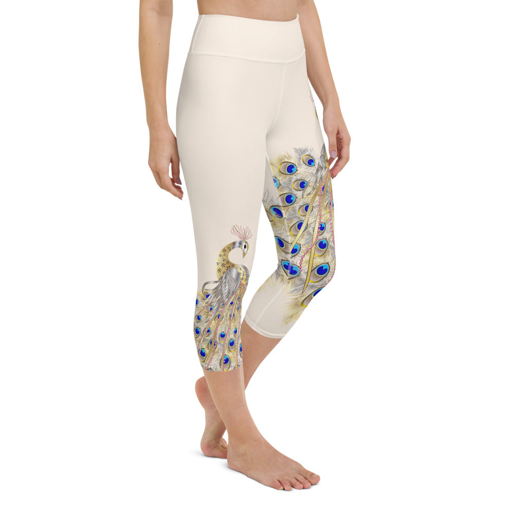 Peacock Cream High Waist Yoga Capri Leggings