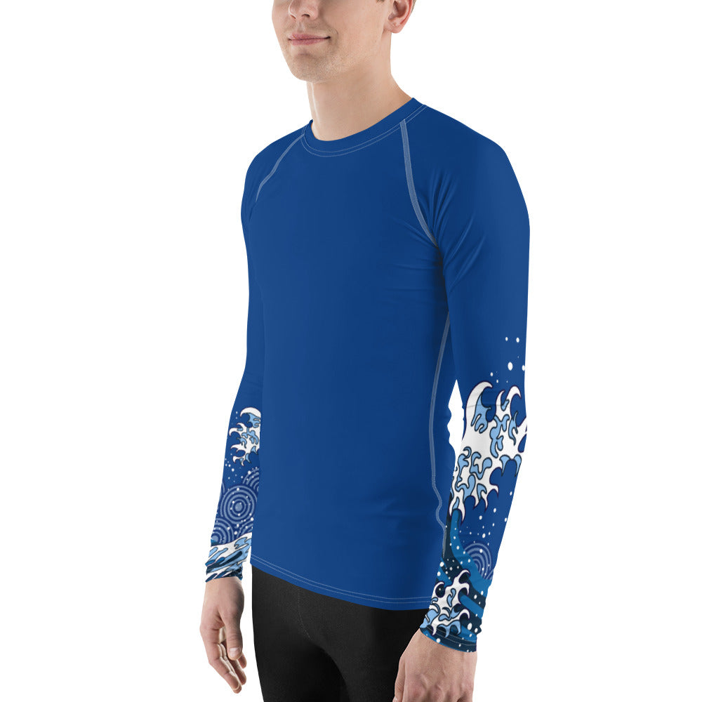 Solid Blue Japanese Raging Waves Men's Rash Guard