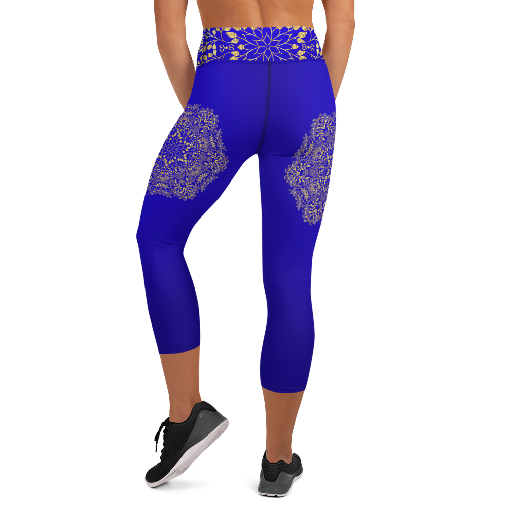 Blue and Gold Mandala High Waist Yoga Capri Leggings