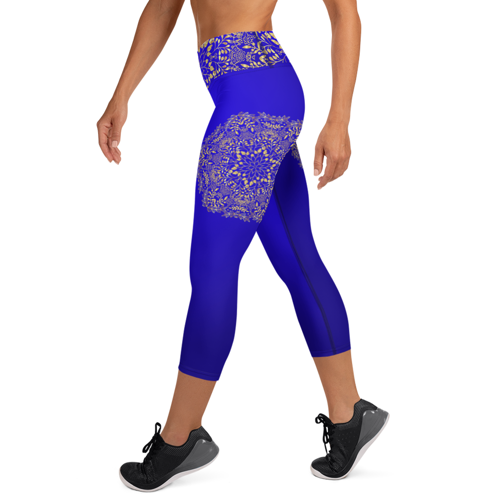 Blue and Gold Mandala High Waist Yoga Capri Leggings