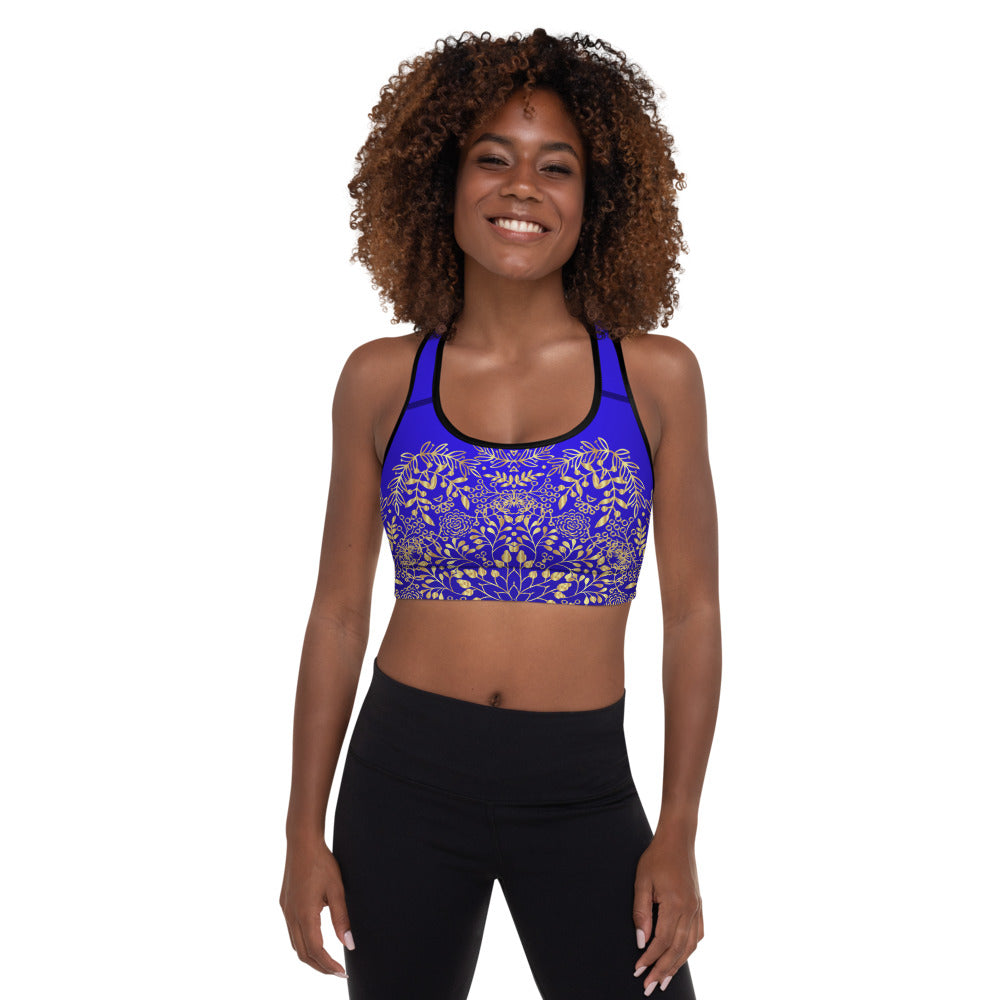 Blue and Gold Mandala Padded Sports Bra