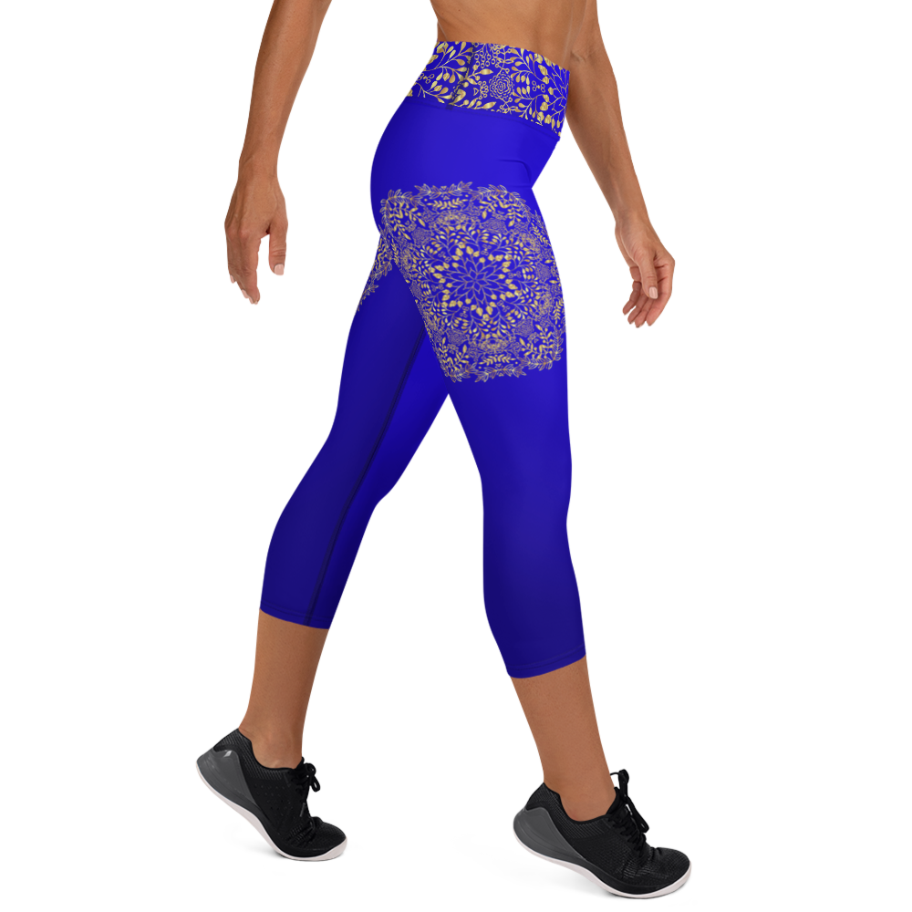Blue and Gold Mandala High Waist Yoga Capri Leggings