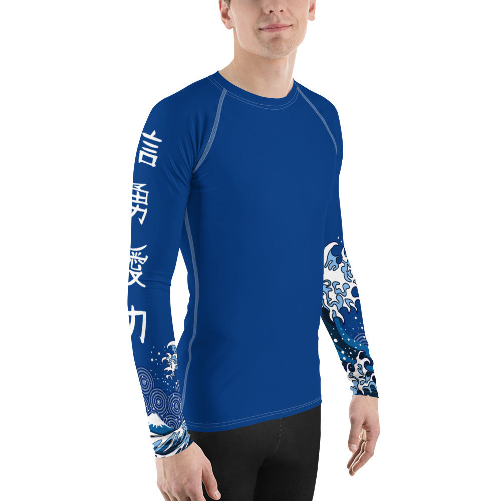 Solid Blue Japanese Raging Waves Men's Rash Guard