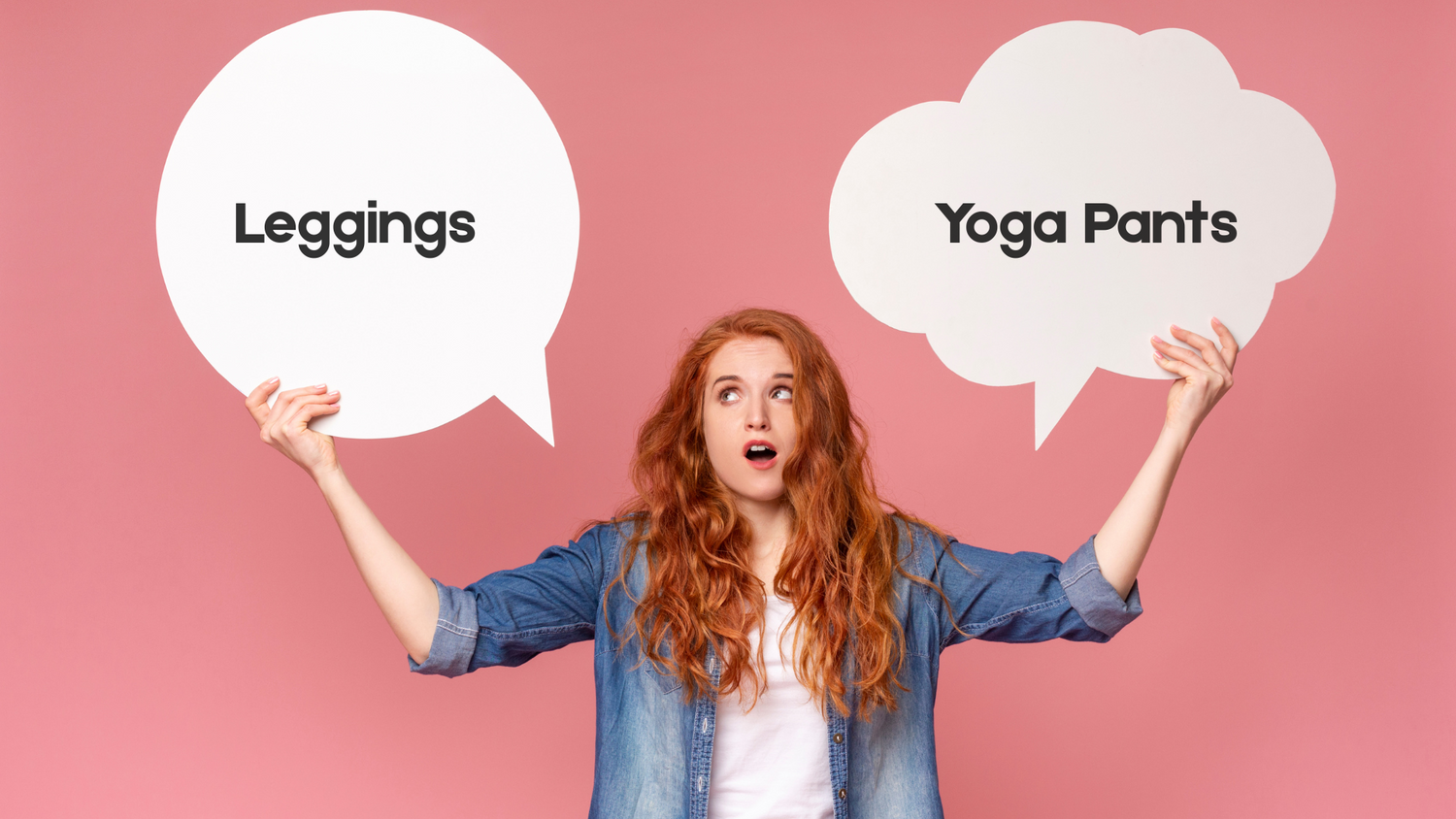 Woman looking confused choosing between leggings and yoga pants
