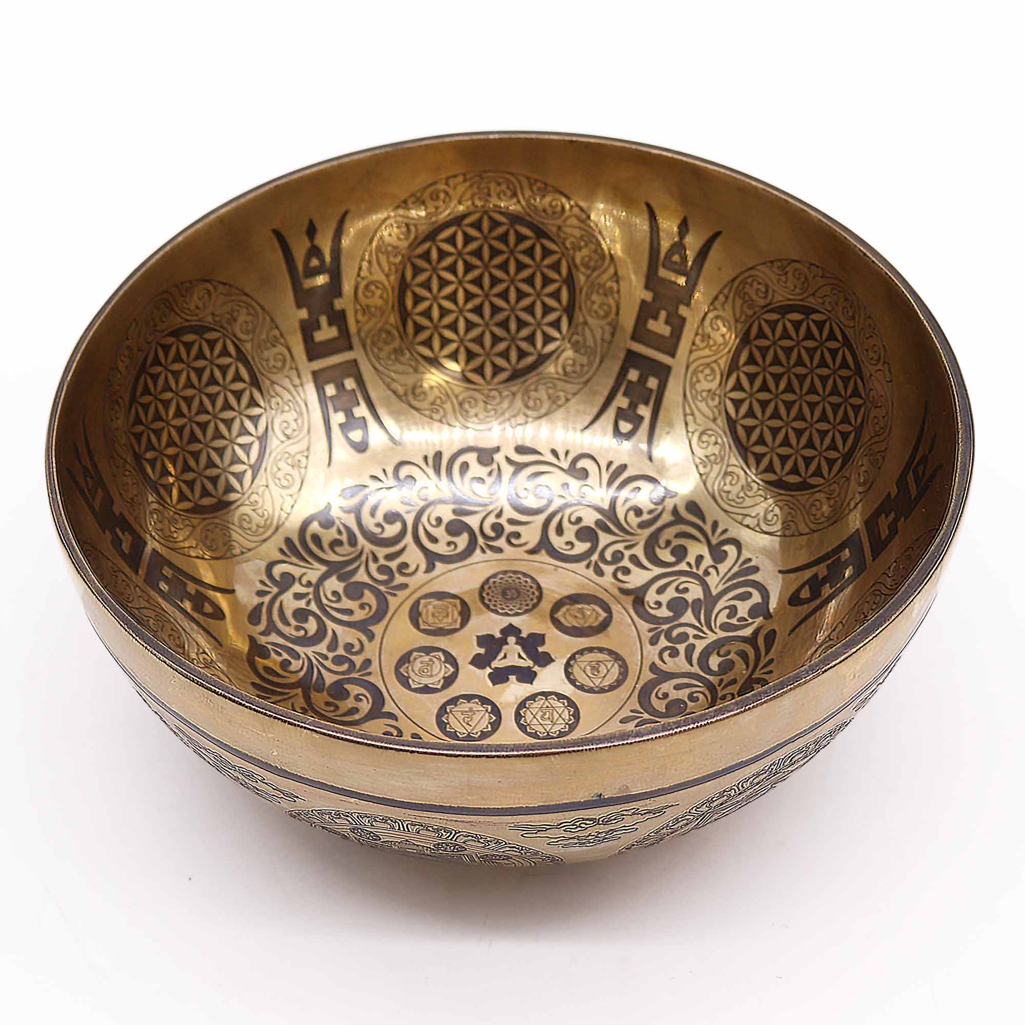 Tibetan Healing Engraved Bowl - 8.3 inches - 7 Chakra & Flower of Life