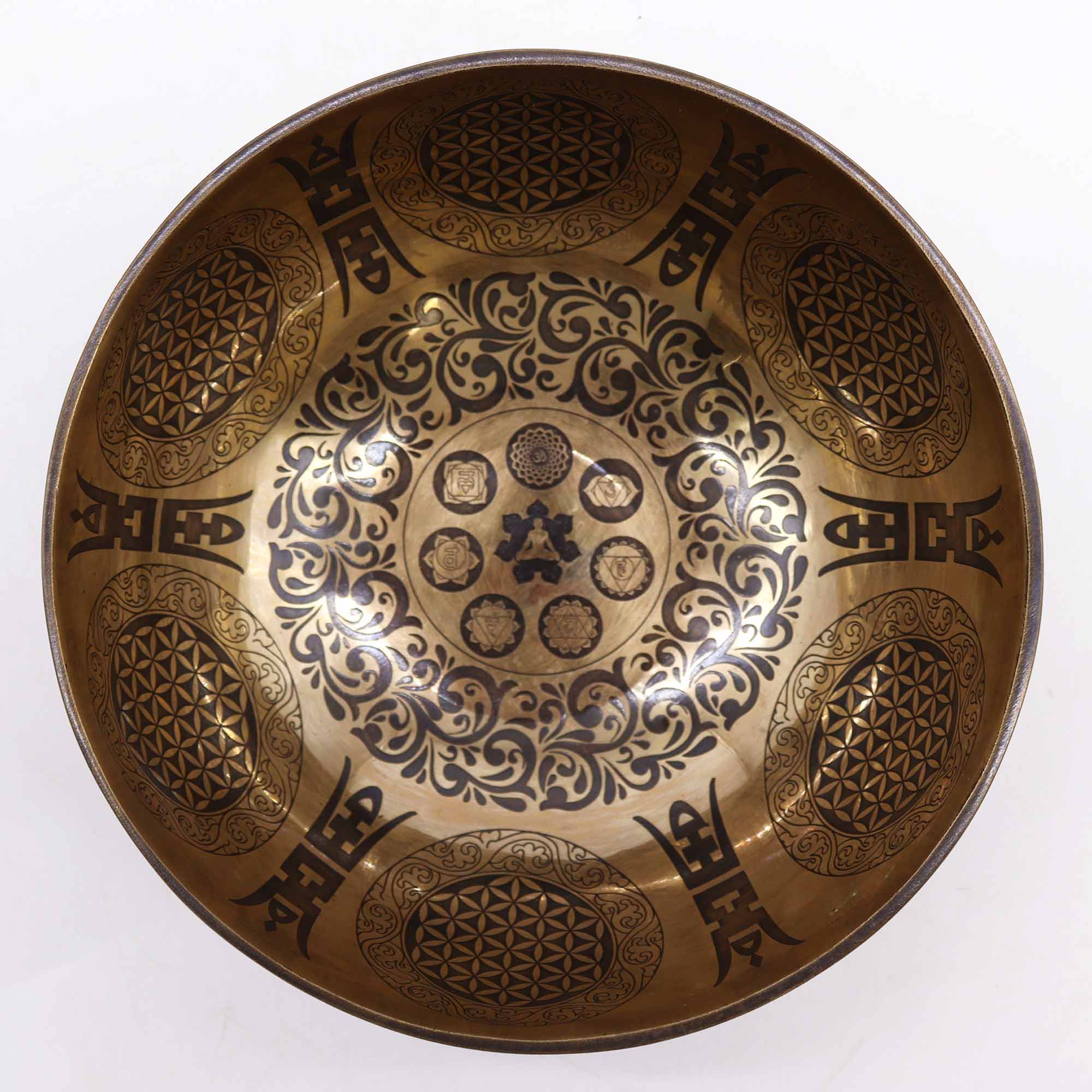 Tibetan Healing Engraved Bowl - 8.3 inches - 7 Chakra & Flower of Life