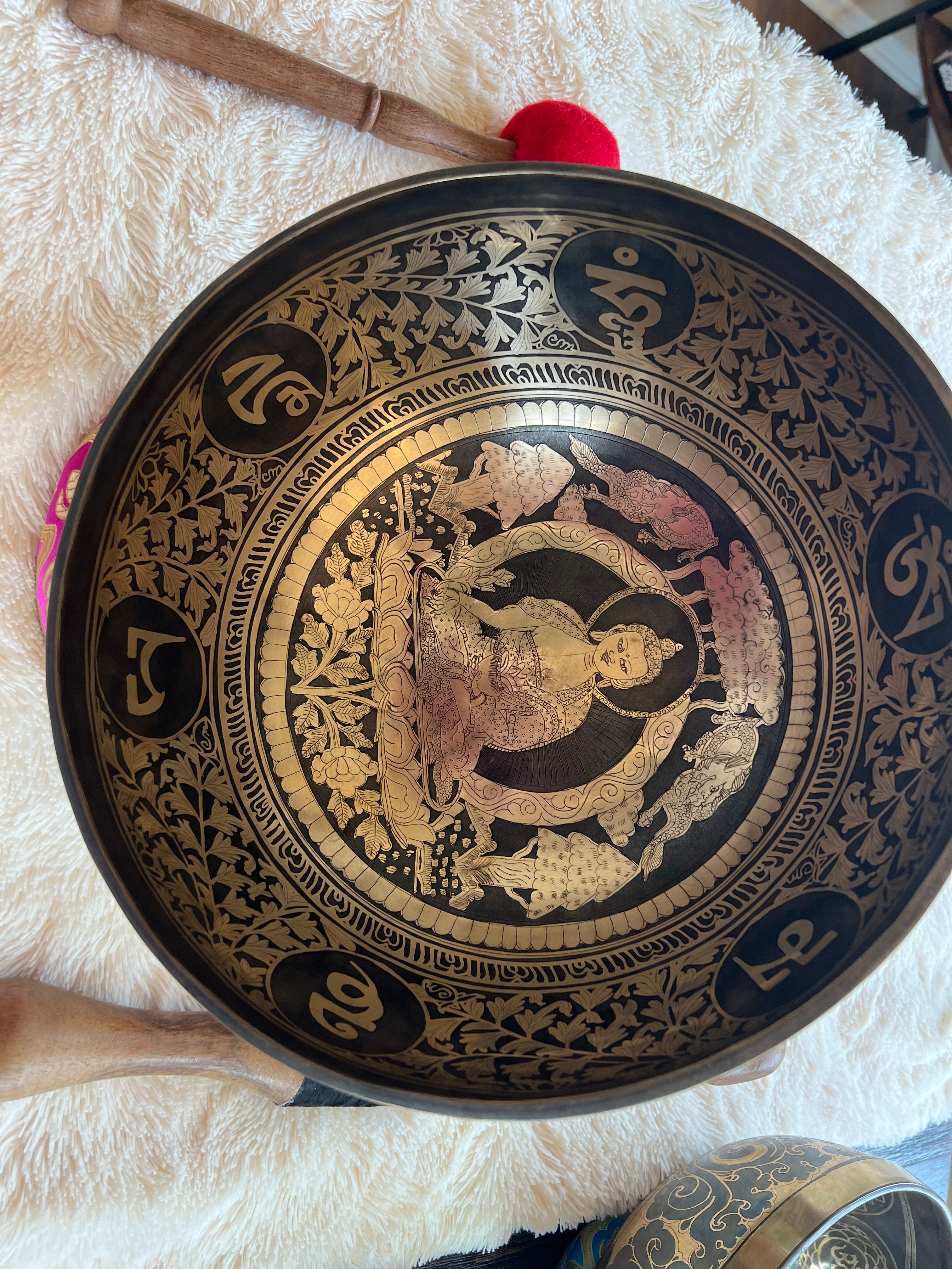 One of a Kind! Gorgeous Buddha Circle of Tree handmade exquisite, detailed singing bowls