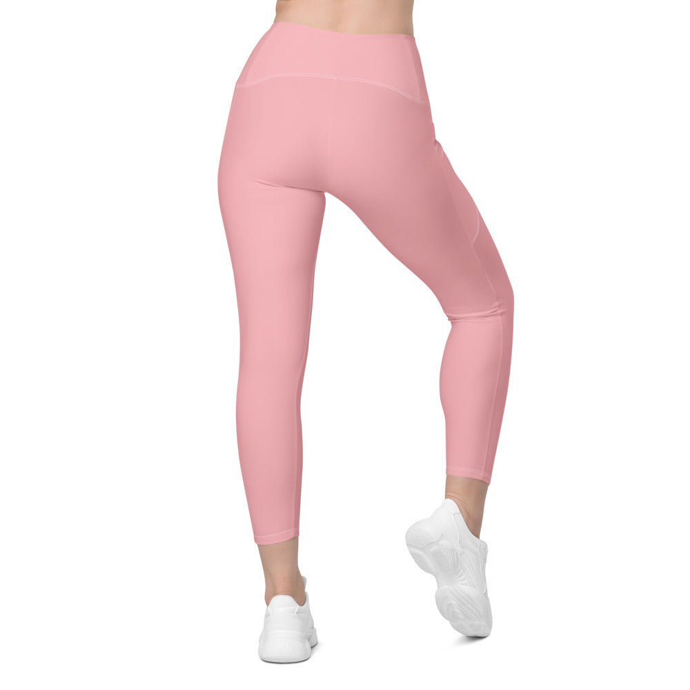 Solid Pink Crossover Waist Leggings With Pockets