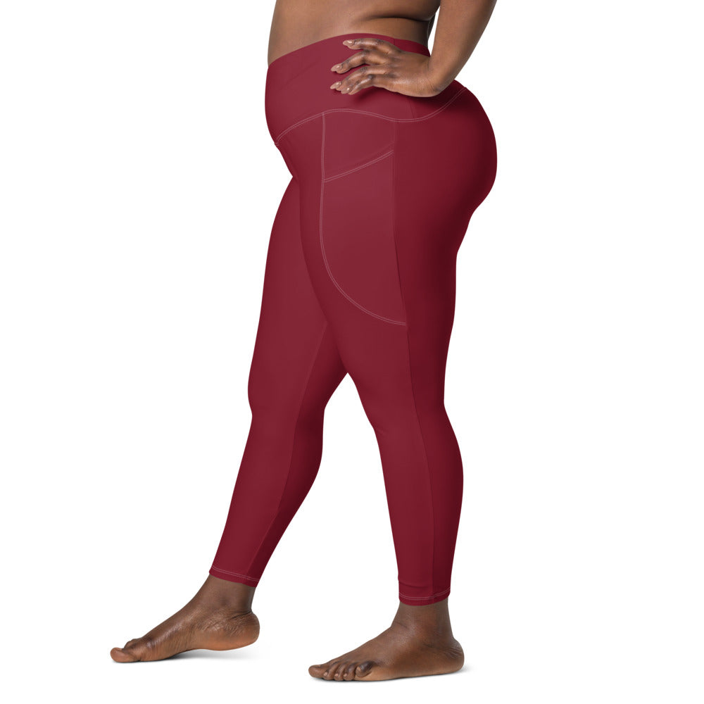 Solid Deep Red Crossover Waist Leggings With Pockets