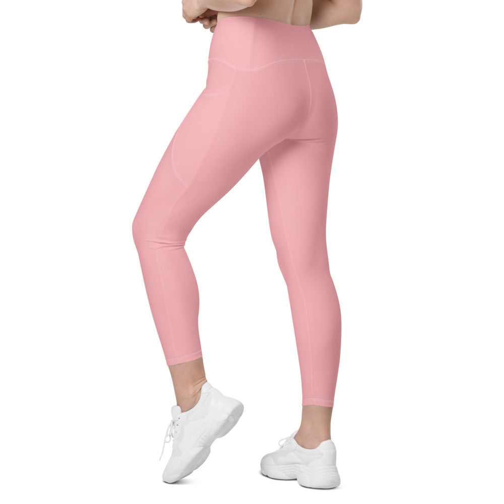 Solid Pink Crossover Waist Leggings With Pockets