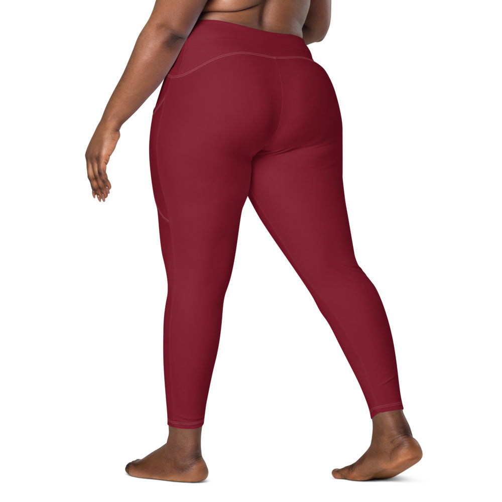 Solid Deep Red Crossover Waist Leggings With Pockets