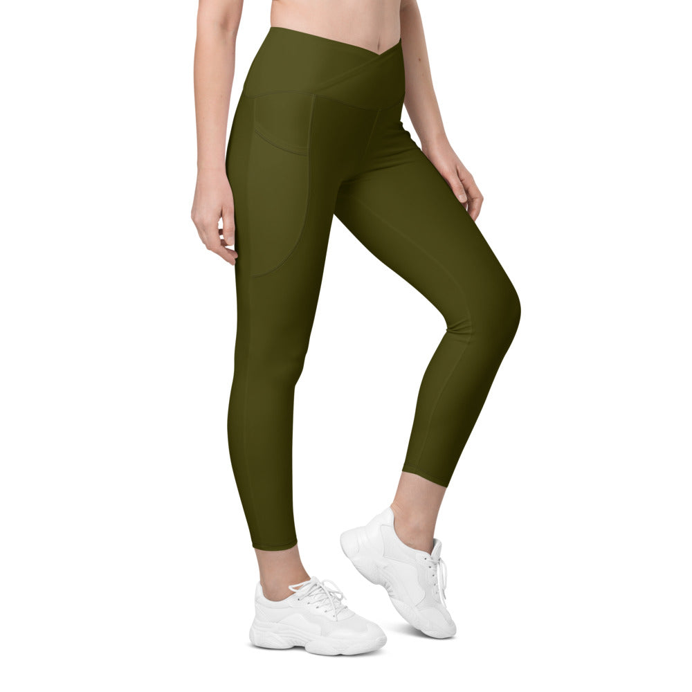 Solid Army Green Crossover Waist Leggings With Pockets